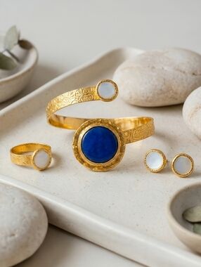 Turkish 18K Gold Plated Sapphire Glass Pearl Cuff Bracelet Ring Set Adjustable